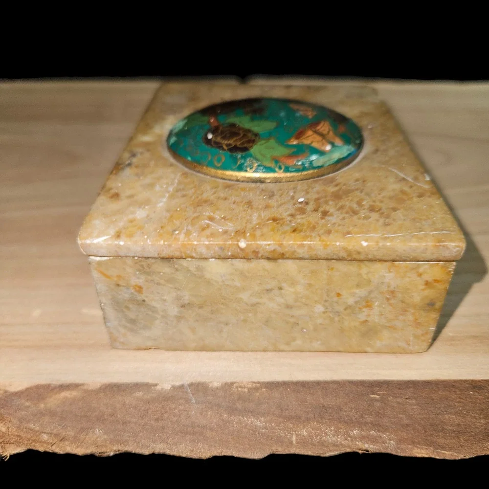 Vintage Marble Trinket Box Enamel Floral Butterfly Lid India